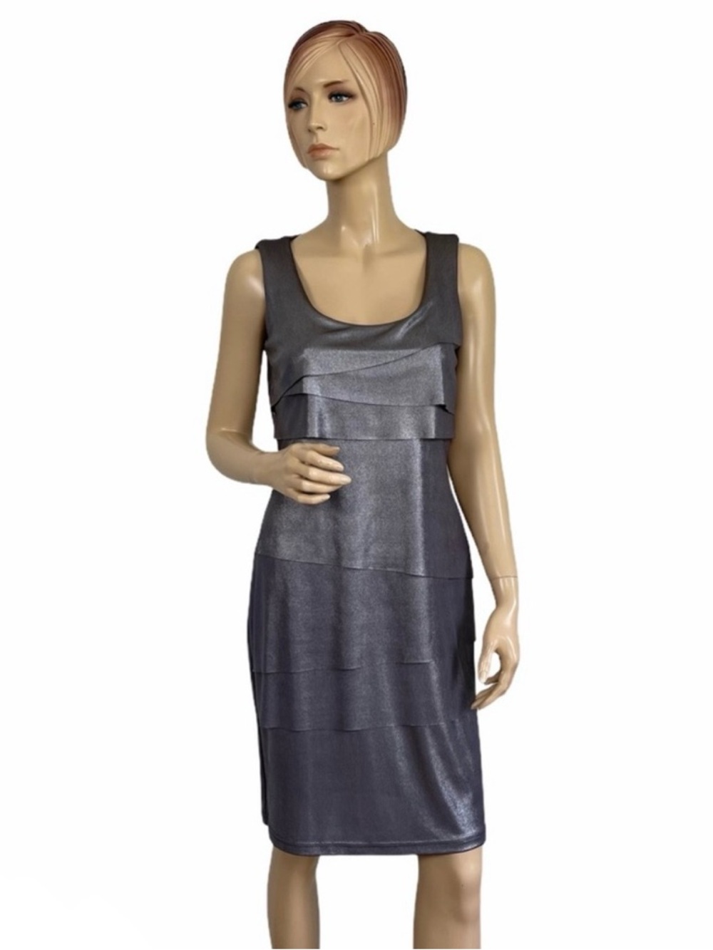 Joseph Ribkoff Metallic Layered Sheath Dress Size 8 Gunmetal